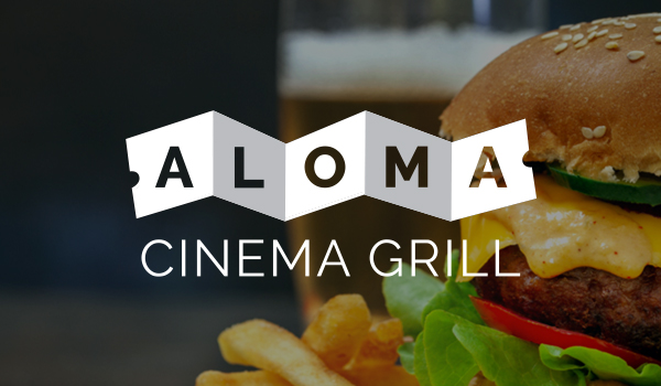 aloma logo on background of hamburger and beer